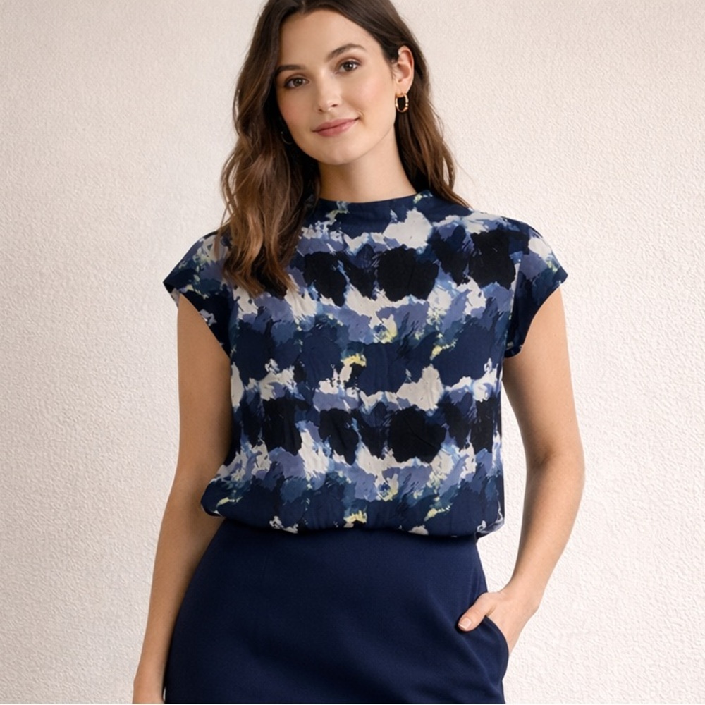 Calvin Klein Blue Abstract Mock Neck Blouse | Boxy Cap Sleeve Top | Size Small